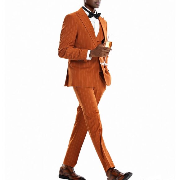 Rust Pinstriped 3 Piece Peak Lapel Skinny Fit Tazzio Men's Suit - Picture 2 of 2